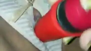 Tight teen works herself with toys