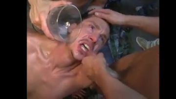 Gay boy giving blowjobs to multiple cocks for cum