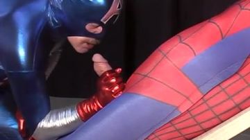 Man sucks the cock of man in superhero costume